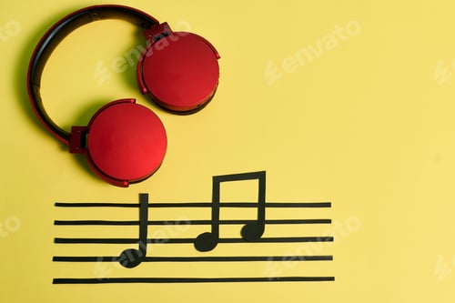 Preview: Notes of music and red headphones on a yellow background