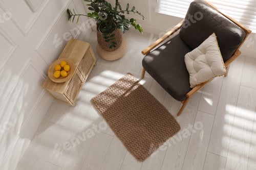 Preview: Stylish rug on floor in room, above view