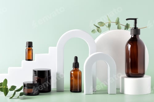 Preview: Various blank cosmetic container mock-ups on podiums and geometrical forms