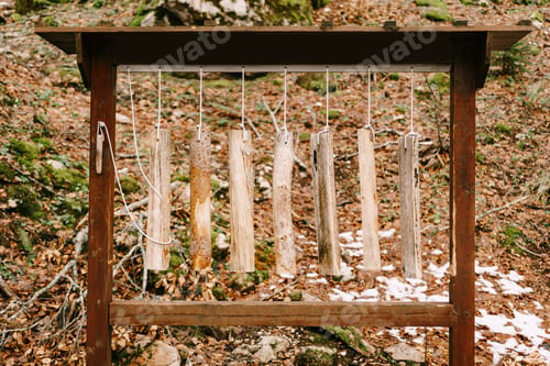 Preview: Samples of wooden logs are hanging on a stand in the Biogradska Gora park. Montenegro