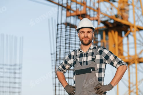 Preview: Handsome man is working on the construction site at daytime