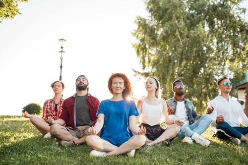 Preview: Group of adult mix-race friends meditating while practice yoga outside in park.
