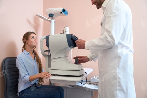 Preview: Smiling female patient getting qualified consultation in ophthalmology center