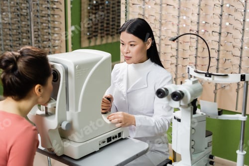 Preview: asian optometrist checking vision of blurred woman on ophthalmoscope in optics store