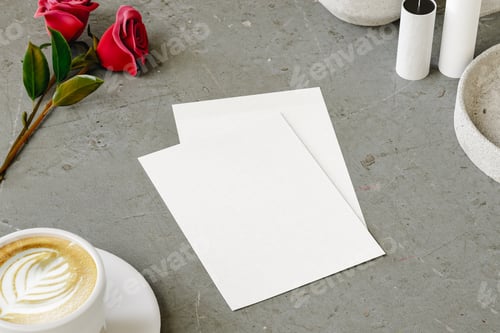 Preview: Romantic scene of a blank postcard with rouses and gifts