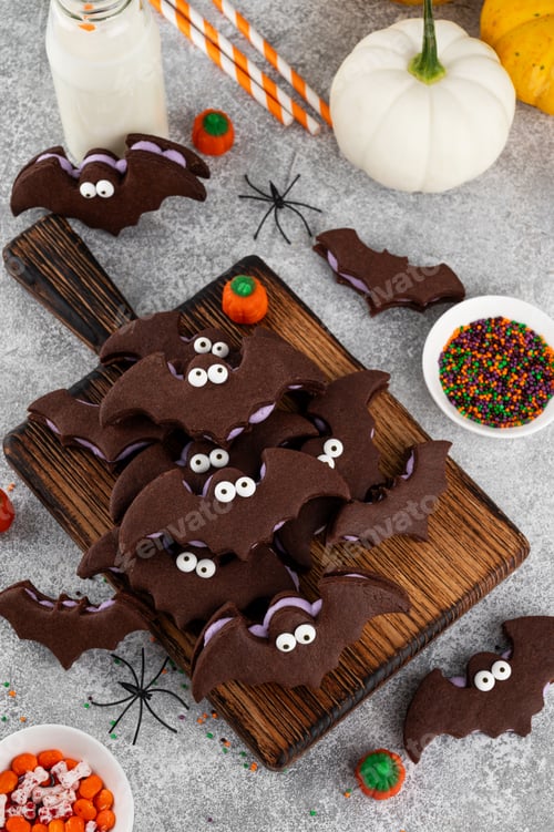 Preview: Halloween cookies. Chocolate sandwich cookies in the shape of a bat with eyes and butter cream