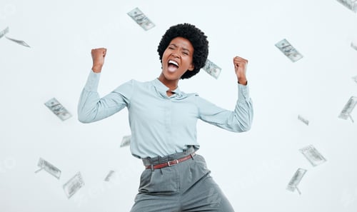 Preview: Money win, success and black woman excited about finance freedom, investment and salary on a white