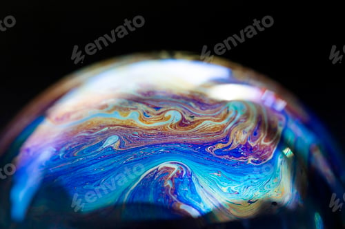 Preview: Abstract pattern, multicolored chaotic texture inside of the soap bubble, closeup