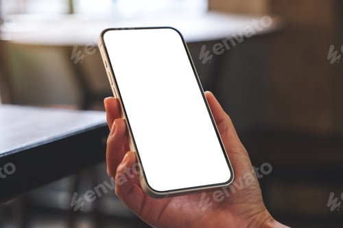 Preview: Mockup image of a woman holding mobile phone with blank desktop screen
