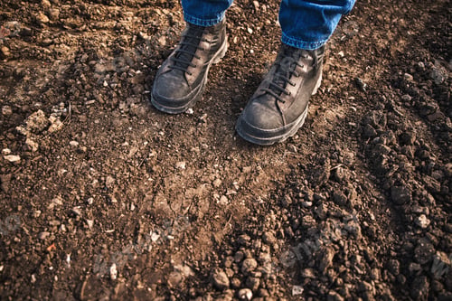 Preview: Closeup of farmer's boots standing on countryside dirt road