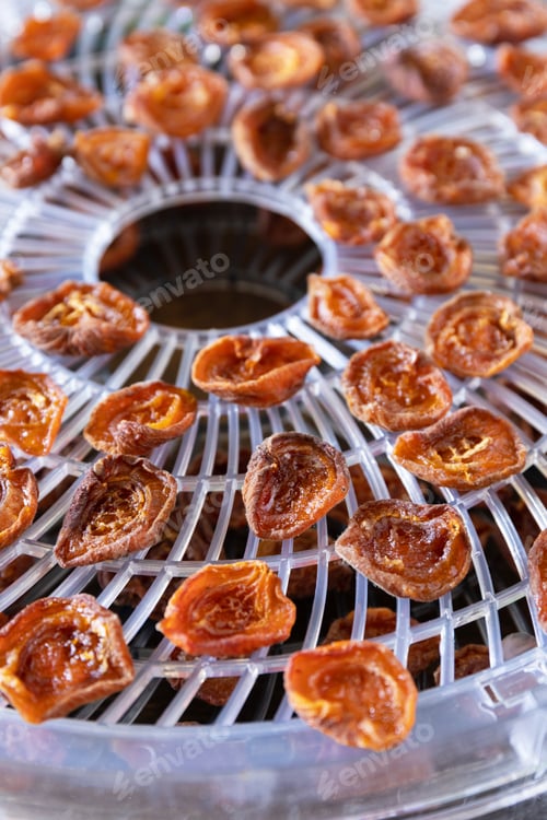 Preview: The process of home cooking dried fruits or candied fruit in an electric dryer on a rustic table.