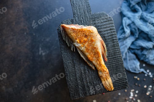 Preview: Fish Fried Fresh Spicy Barbecue Grill Bbq Meal Tasty Serving Size Top View Copy Space For Text Food