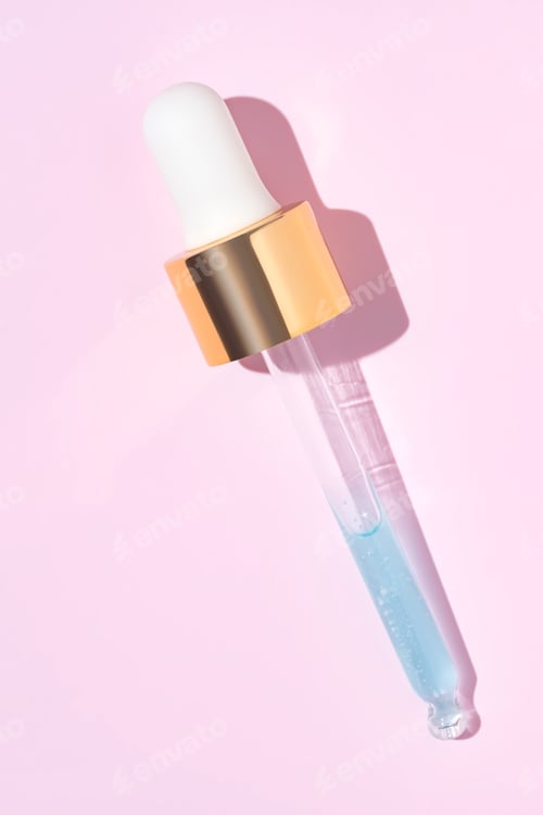 Preview: close up of pipette with pouring liquid serum and shadows on pink background. Trendy cosmetics shot