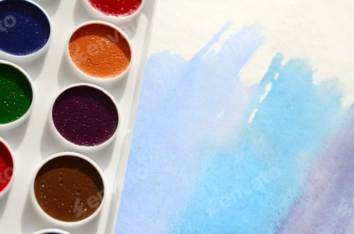 Preview: Watercolor Paints Palette with Blue Abstract Watercolor Strokes