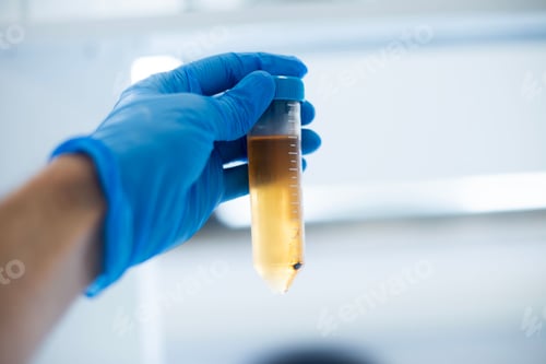 Preview: Closeup of hands in blue protective gloves holding a tube for testing in a lab