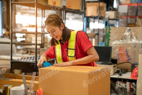 Preview: Women warehouse employee worker enjoy working in warehouse.