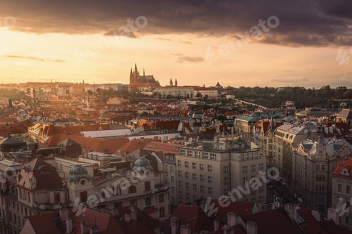 Preview: Aerial view of Prague at sunset with Prague Castle - Prague, Czech Republic