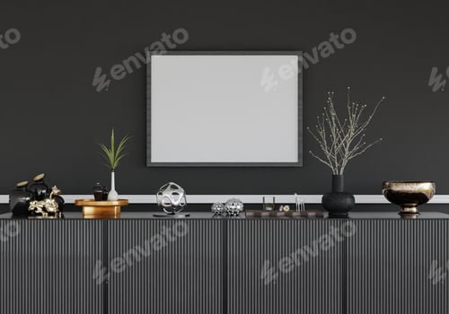 Preview: 3D mockup photo frame with houseplant in living room rendering