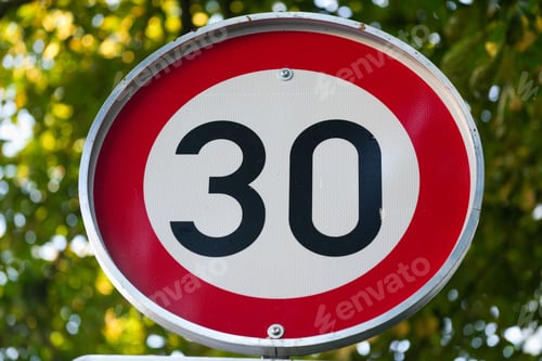 Preview: Round red traffic sign showing 30 speed limit