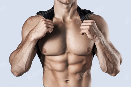 Preview: Bodybuilder showing his muscular torso against gray background
