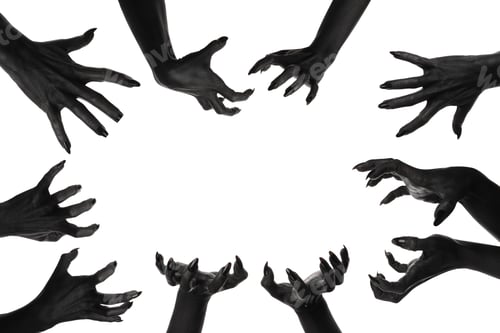 Preview: Many painted hands, in the style of Halloween.