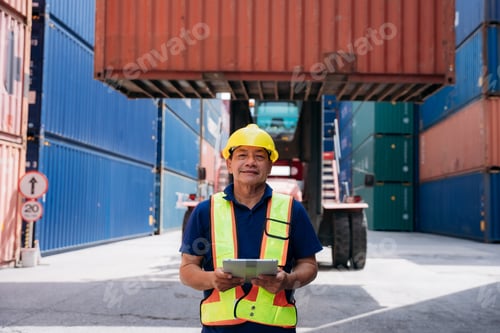 Preview: Portrait of Foreman checking inventory or task details at Container cargo harbor.
