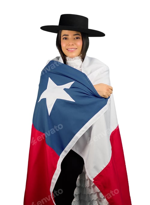 Preview: Chilean woman holding national flag with traditional hat and dress