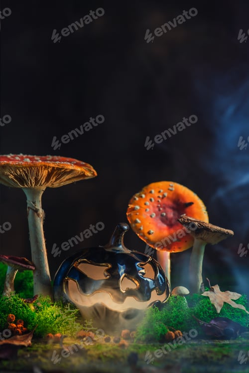 Preview: Spooky Halloween concept with a ceramic pumpkin among poisonous mushrooms. Creative autumn still