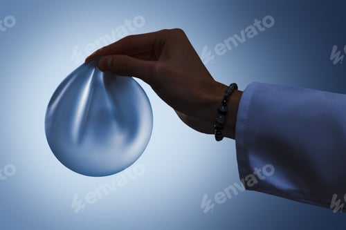 Preview: Silicone Breast Implant in Surgeon Hand for Mammoplasty and Augmentation