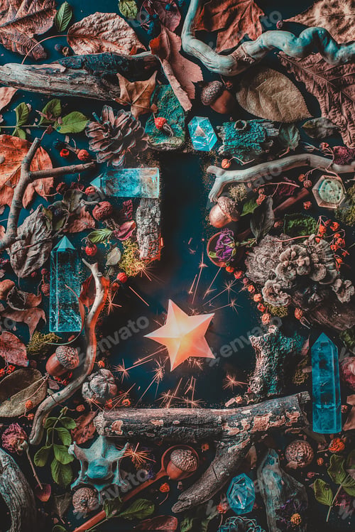 Preview: Potion bottle flat lay with a burning star, magical still life with moss and sparkles