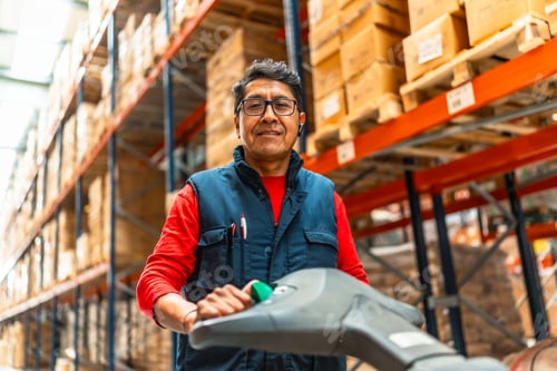 Preview: Portrait of a cheerful latin warehouse worker using machinery