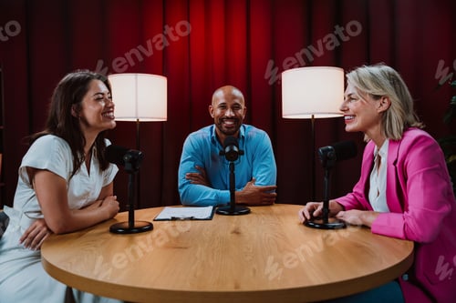 Preview: Group of three diverse hosts having a podcast discussion