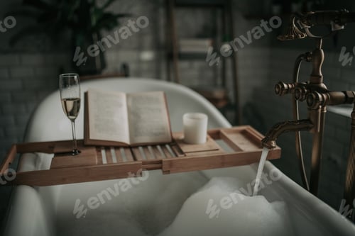 Preview: Luxury interior of eco style modern bathroom with oval bathtub and book on bamboo wood tray