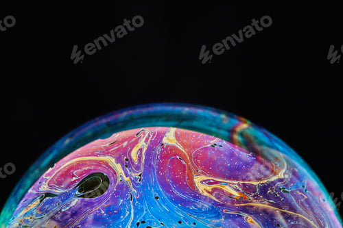 Preview: Virtual reality space with abstract multicolor psychedelic planet. Closeup Soap bubble like