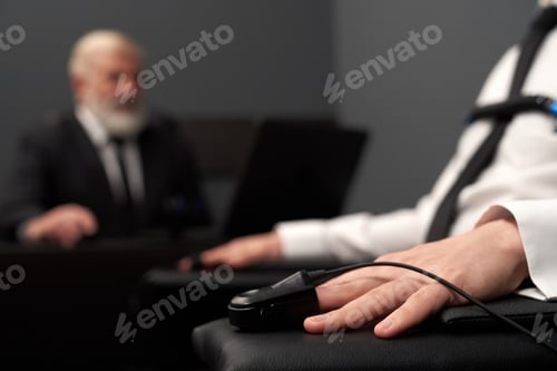 Preview: Closeup of pulse indicator on hand during lie detector test
