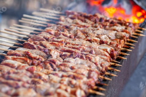 Preview: A lot of juicy meat kebabs in a row on the grill.