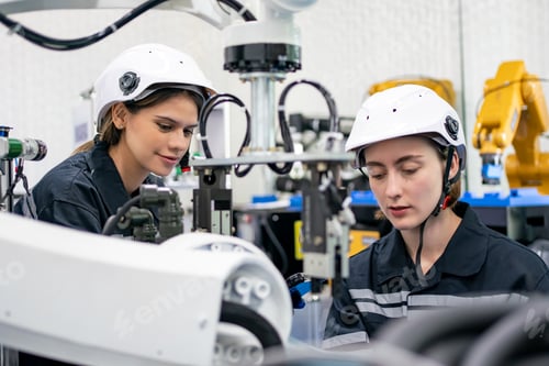 Preview: Female Engineer check and control automation robot arms machine in factory. robotics manufacturing.