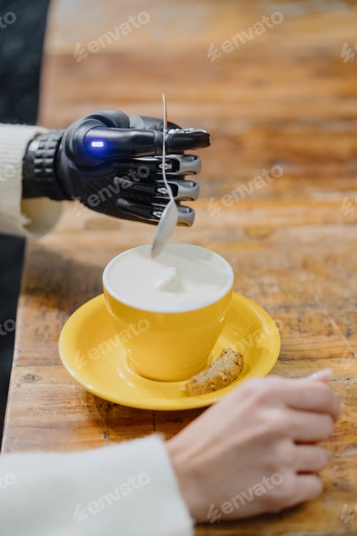 Preview: woman with a bionic prosthetic arm is working on a laptop and drinking coffee in a coffee shop