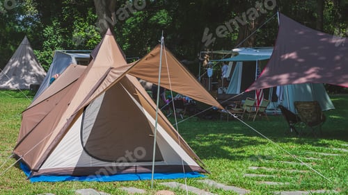 Preview: Group of field tents on green lawn in camping area at natural park