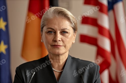 Preview: Portrait of Senior Caucasian Woman Facing Camera during International Summit