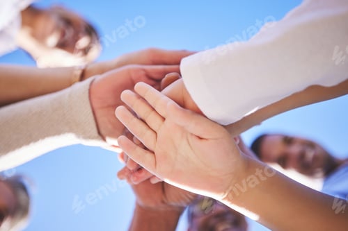 Preview: Family, hands together and teamwork below in support for trust, bonding or unity and collaboration