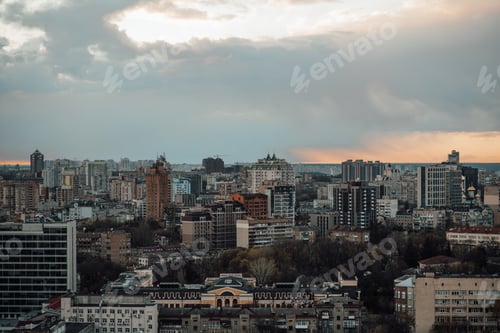 Preview: Sunrise city panorama in Kiev Ukraine aireal view from top of building urban sky
