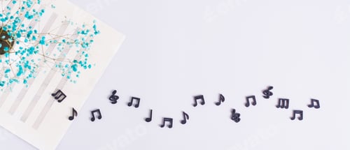 Preview: Music sheet, black musical notes and dried flowers on a light background top view web banner