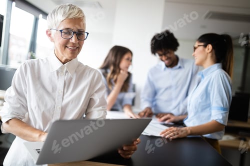 Preview: Group of young business people working and communicating at the office