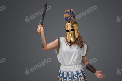 Preview: Glorious greek warrior woman with sword against gray background