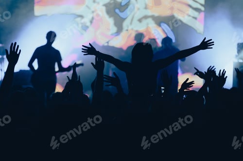 Preview: Silhouette of a woman with raised hands on a concert