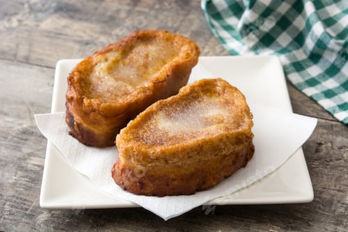 Preview: French toast with sugar on white plate resting on rustic wooden table
