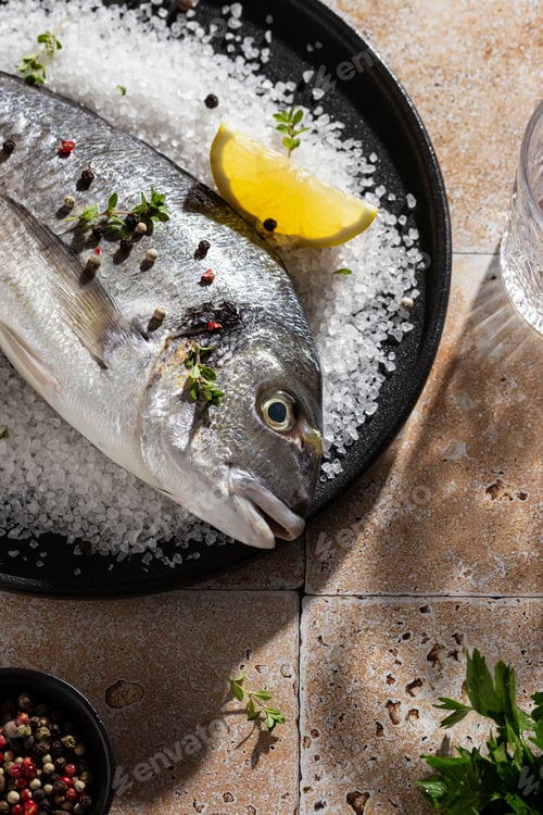 Preview: Raw fish on a sea salt before cooking