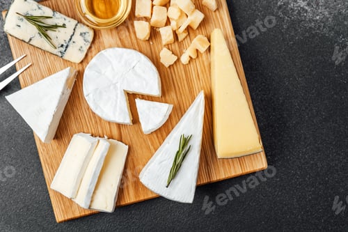 Preview: Selection of assorted cheeses on a wooden platter with honey and herbs