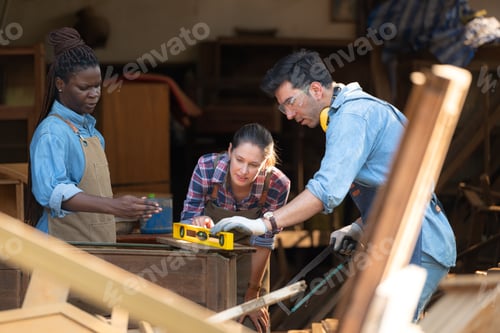 Preview: Carpenter and his assistant working together in a carpentry workshop